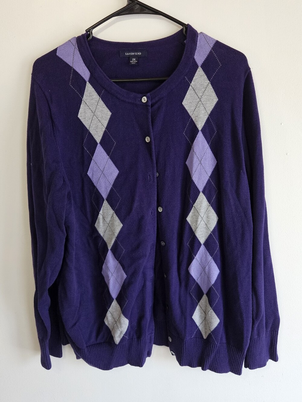 Lands' End Purple Argyle Cardigan Sweater Button Up Plus Size 2X 20W 22W